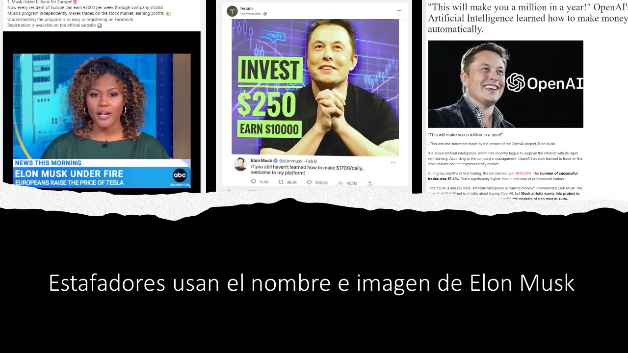 estafa con el nombre de Elon Musk, tres imágenes de ejemplo