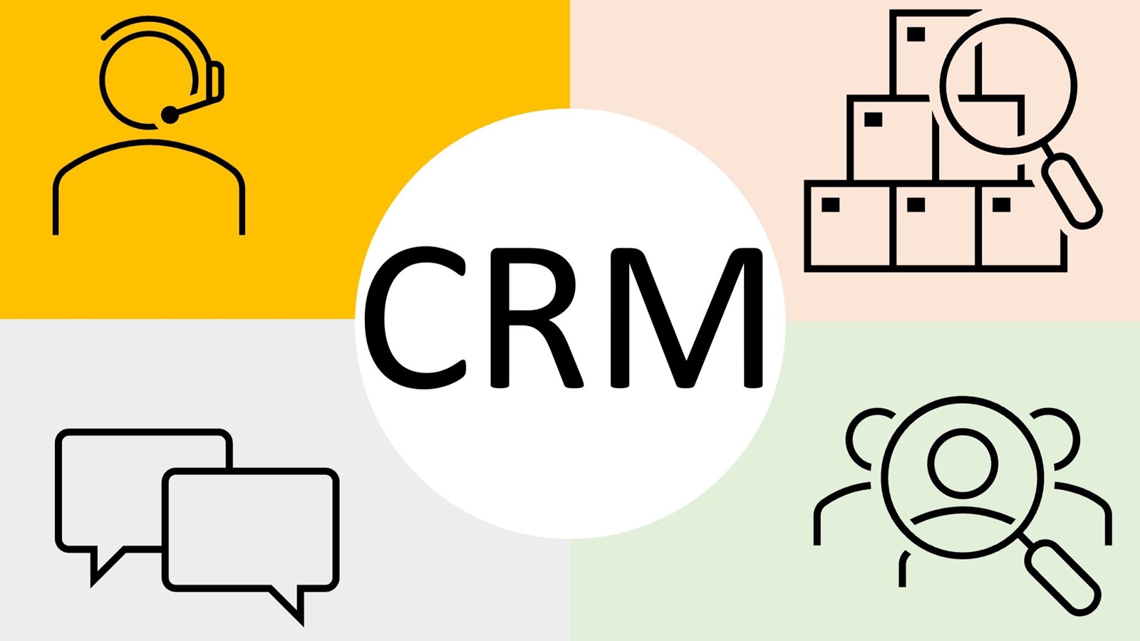 gráfico ilustrando un CRM con íconos de personas, teléfono, y base de datos